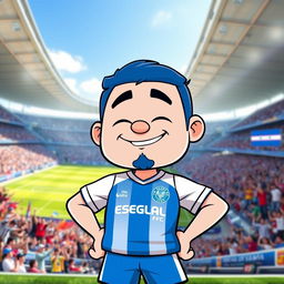 A cartoon character inspired by Chill Guy, dressed in the football team's uniform of Esteghlal FC, showcasing the team's blue and white colors