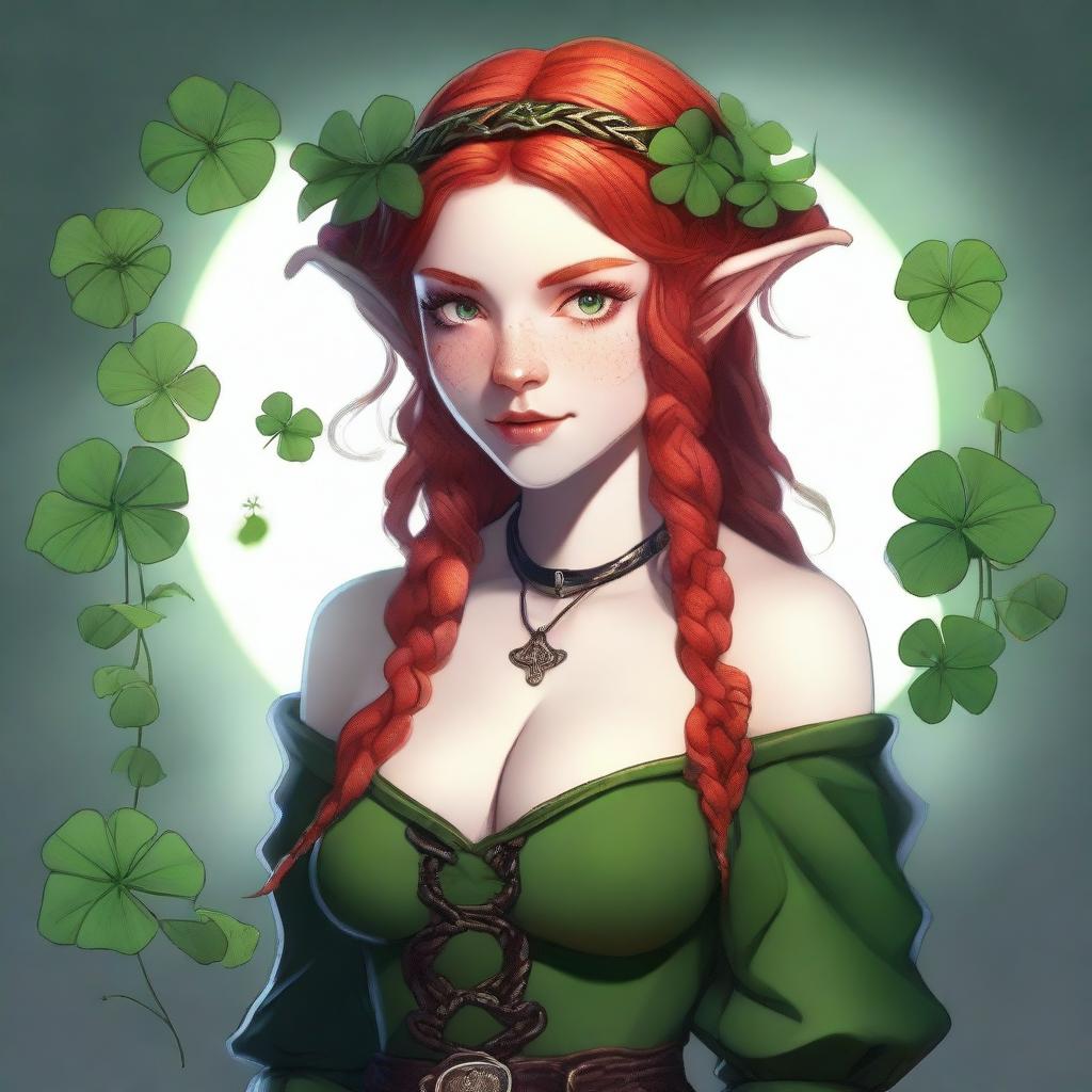 This digital art image portrays a red-haired elf girl in a provocative manner