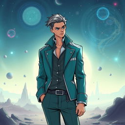 A time-traveling doctor character in a creative, sci-fi setting, wearing clothing in shades of teal and silver, reminiscent of futuristic attire