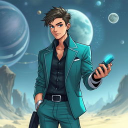 A time-traveling doctor character in a creative, sci-fi setting, wearing clothing in shades of teal and silver, reminiscent of futuristic attire