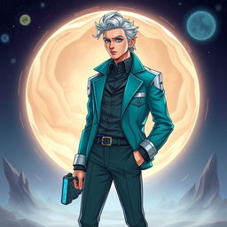 A time-traveling doctor character in a creative, sci-fi setting, wearing clothing in shades of teal and silver, reminiscent of futuristic attire