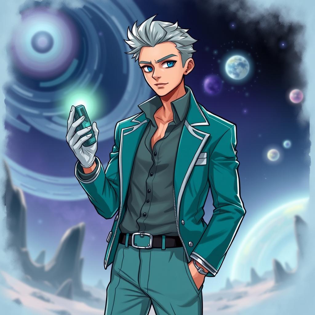 A time-traveling doctor character in a creative, sci-fi setting, wearing clothing in shades of teal and silver, reminiscent of futuristic attire