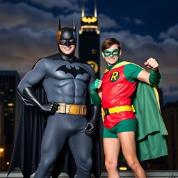 Two adults dressed as Batman and Robin, standing heroically in a cityscape at night