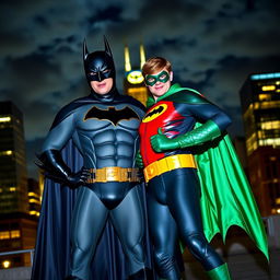 Two adults dressed as Batman and Robin, standing heroically in a cityscape at night