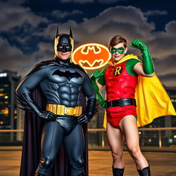 Two adults dressed as Batman and Robin, standing heroically in a cityscape at night