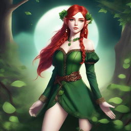 This digital art image portrays a red-haired elf girl in a provocative manner