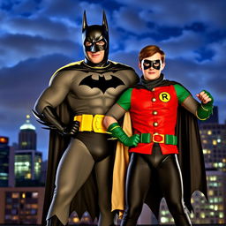 Two adults dressed as Batman and Robin, standing heroically in a cityscape at night
