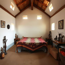 A serene interior of a traditional South African orphanage, showcasing wooden beams and small windows that allow natural light to filter through, enhancing the warmth of the space
