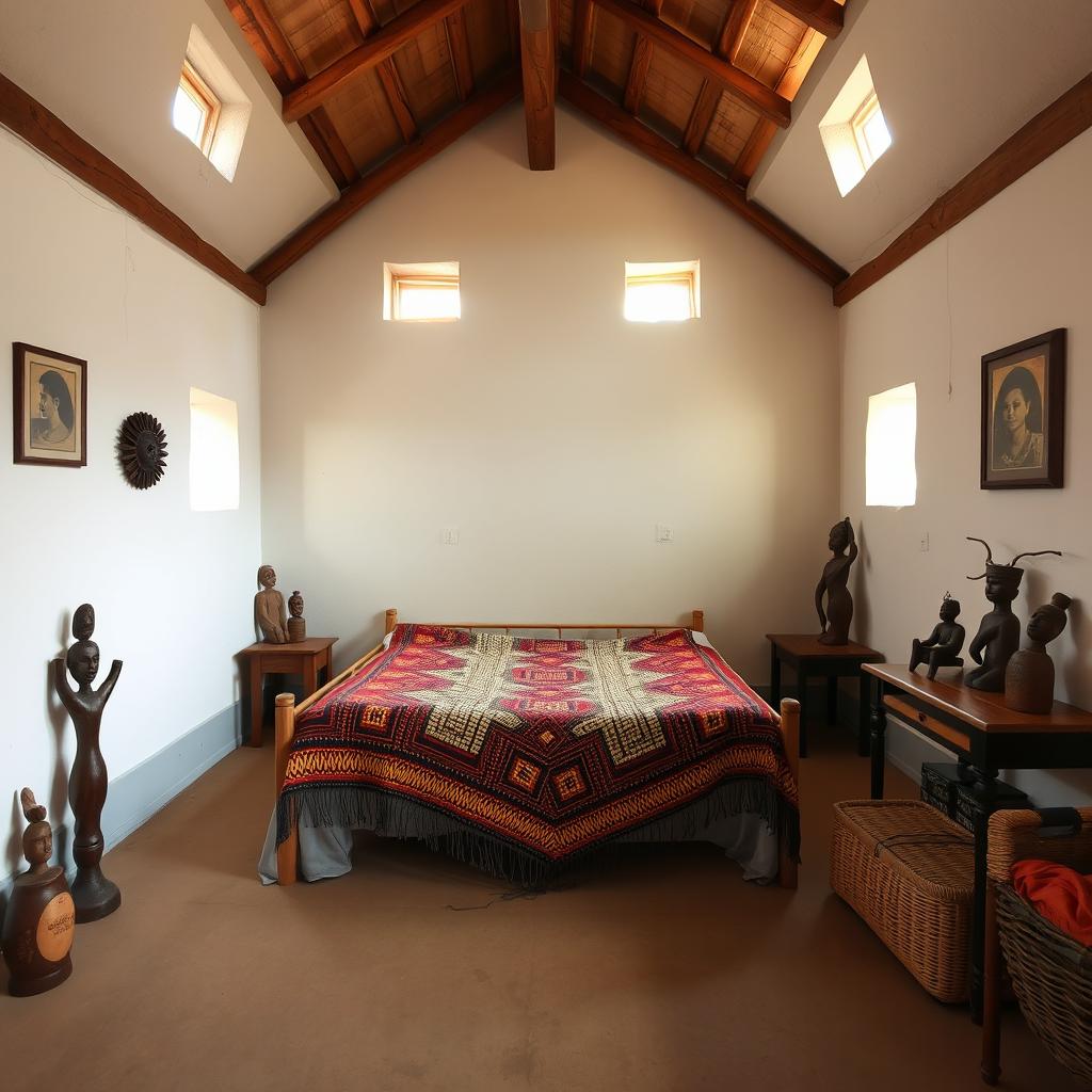 A serene interior of a traditional South African orphanage, showcasing wooden beams and small windows that allow natural light to filter through, enhancing the warmth of the space