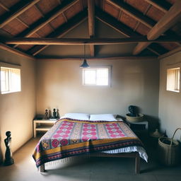 A serene interior of a traditional South African orphanage, showcasing wooden beams and small windows that allow natural light to filter through, enhancing the warmth of the space