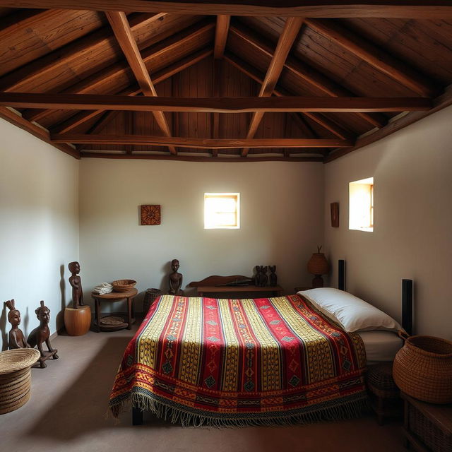 A serene interior of a traditional South African orphanage, showcasing wooden beams and small windows that allow natural light to filter through, enhancing the warmth of the space