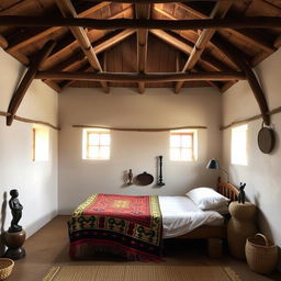 A serene interior of a traditional South African orphanage, showcasing wooden beams and small windows that allow natural light to filter through, enhancing the warmth of the space