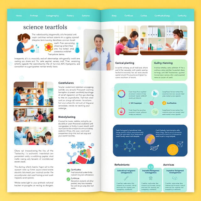 A beautifully designed portfolio for a science teacher, featuring sections showcasing educational philosophy, classroom management strategies, curriculum planning, and innovative teaching methodologies