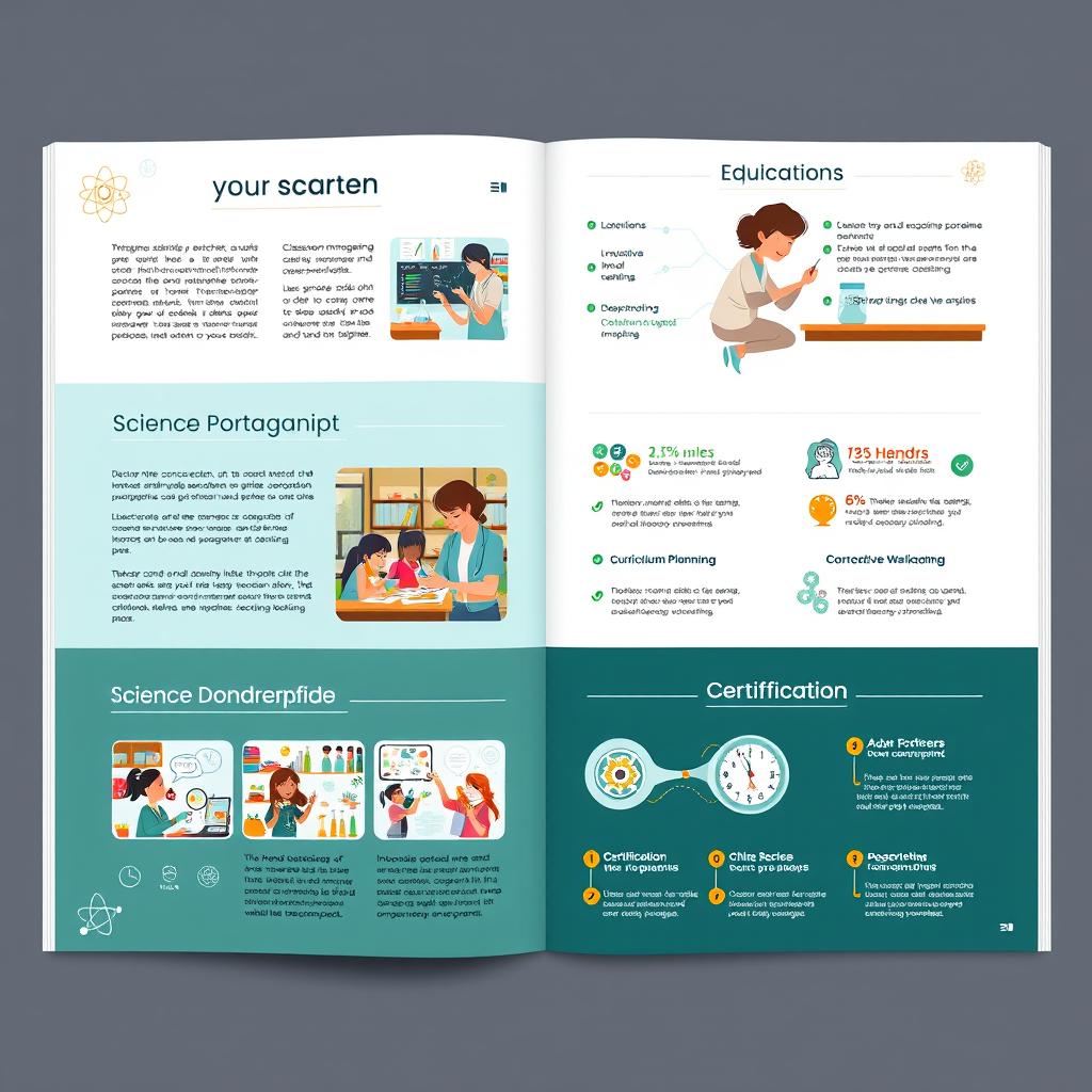 A beautifully designed portfolio for a science teacher, featuring sections showcasing educational philosophy, classroom management strategies, curriculum planning, and innovative teaching methodologies