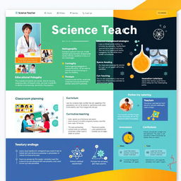 A beautifully designed portfolio for a science teacher, featuring sections showcasing educational philosophy, classroom management strategies, curriculum planning, and innovative teaching methodologies