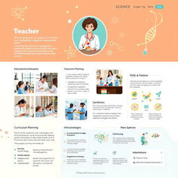 A beautifully designed portfolio for a science teacher, featuring sections showcasing educational philosophy, classroom management strategies, curriculum planning, and innovative teaching methodologies