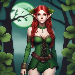 This digital art image portrays a red-haired elf girl in a provocative manner