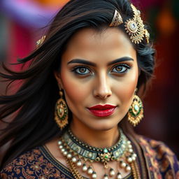 A stunning portrait of Nora Fatahi, showcasing her captivating beauty and expressive eyes