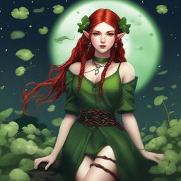 This digital art image features a voluptuous red-haired elf girl in a sensual pose