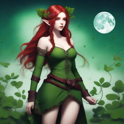 This digital art image features a voluptuous red-haired elf girl in a sensual pose