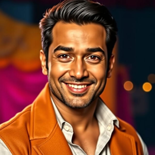 A vibrant portrait of a charismatic South Asian male actor exuding charm and confidence, with a well-groomed appearance and a stylish outfit