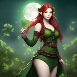 This digital art image features a voluptuous red-haired elf girl in a sensual pose