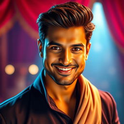 A vibrant portrait of a charismatic South Asian male actor exuding charm and confidence, with a well-groomed appearance and a stylish outfit