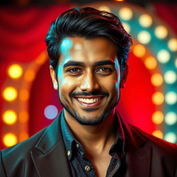 A vibrant portrait of a charismatic South Asian male actor exuding charm and confidence, with a well-groomed appearance and a stylish outfit