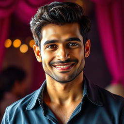 A vibrant portrait of a charismatic South Asian male actor exuding charm and confidence, with a well-groomed appearance and a stylish outfit