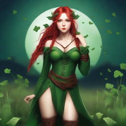 This digital art image features a voluptuous red-haired elf girl in a sensual pose