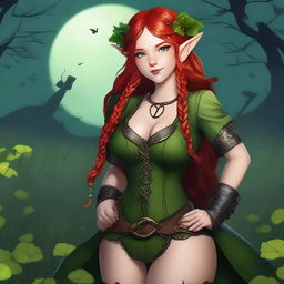 This digital art image depicts a voluptuous red-haired elf girl in a sensual pose