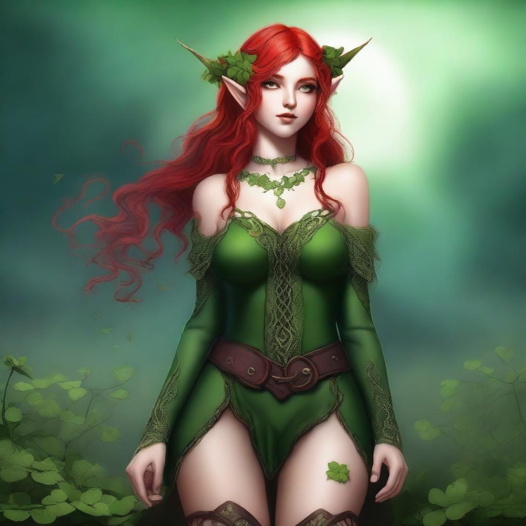 This digital art image depicts a voluptuous red-haired elf girl in a sensual pose