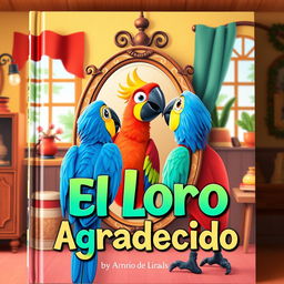 A book cover featuring an animated-style image of a colorful parrot looking at itself in a stylish mirror inside a cozy house