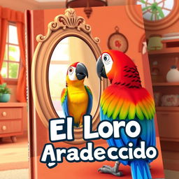 A book cover featuring an animated-style image of a colorful parrot looking at itself in a stylish mirror inside a cozy house