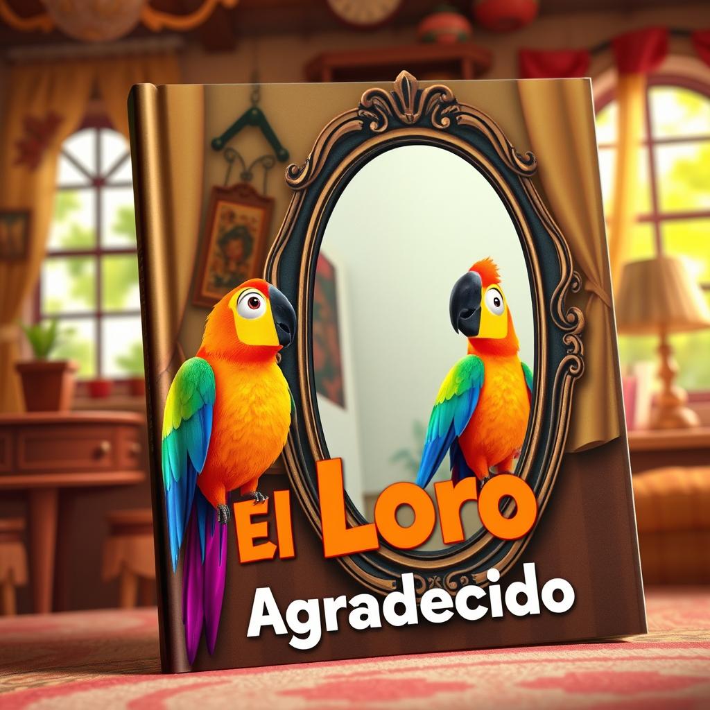 A book cover featuring an animated-style image of a colorful parrot looking at itself in a stylish mirror inside a cozy house