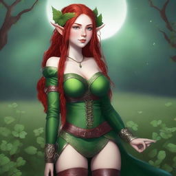 This digital art image depicts a voluptuous red-haired elf girl in a sensual pose