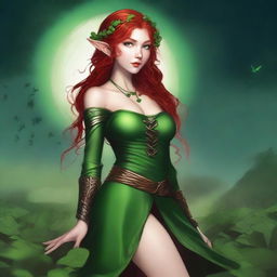 This digital art image depicts a voluptuous red-haired elf girl in a sensual pose