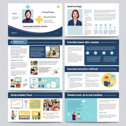 A comprehensive and visually appealing portfolio for a middle school science and math teacher, displaying various elements such as a cover page with an attractive design, professional photo, and name prominently featured