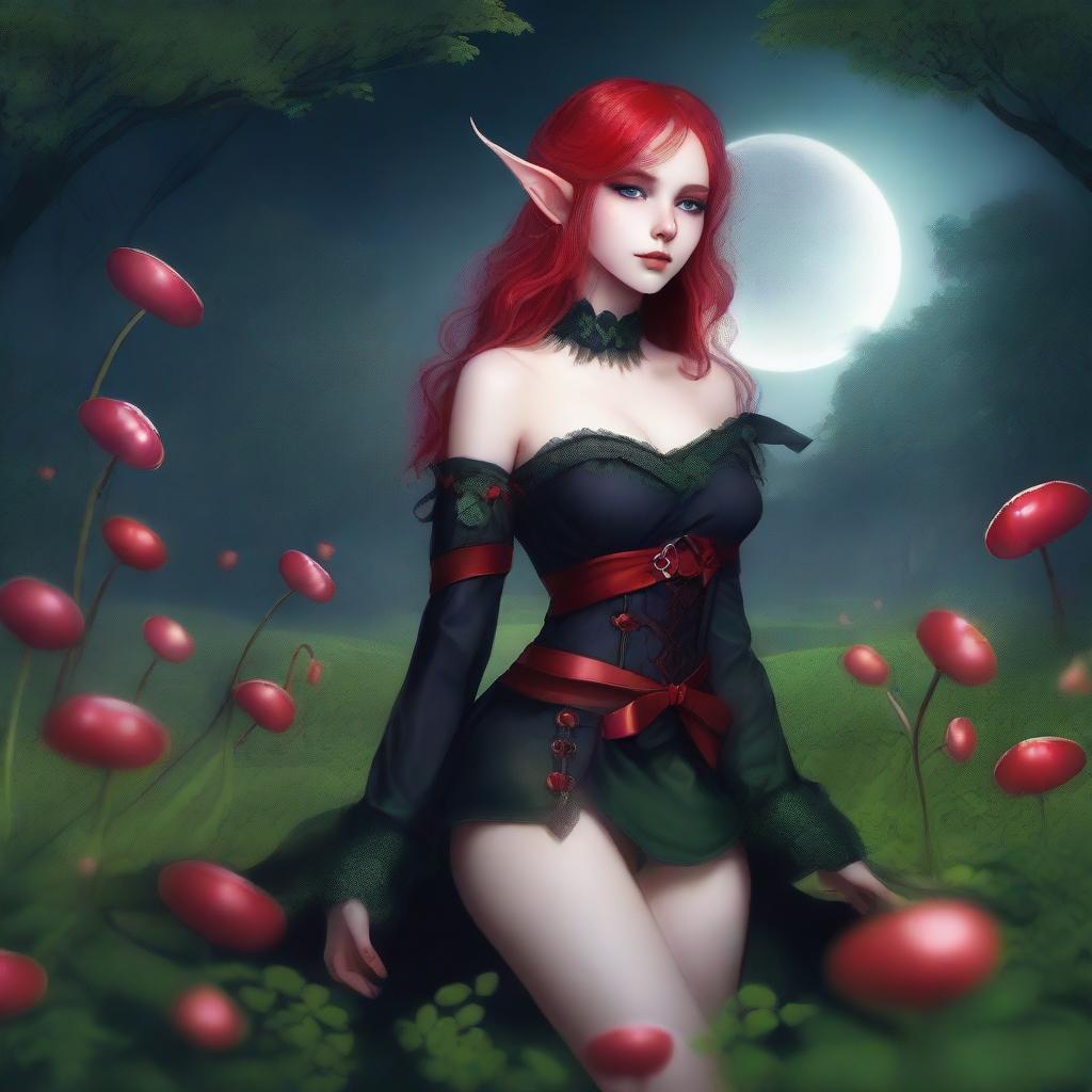 This digital art image presents a red-haired elf girl in a sensual manner