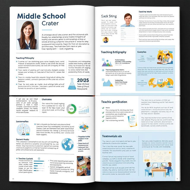 A comprehensive and visually appealing portfolio for a middle school science and math teacher, displaying various elements such as a cover page with an attractive design, professional photo, and name prominently featured