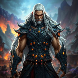 A fierce-looking warrior man with striking red eyes and long white hair, dressed in an intricate, futuristic warrior suit made of dark metallic materials with glowing accents
