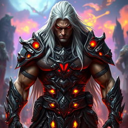 A fierce-looking warrior man with striking red eyes and long white hair, dressed in an intricate, futuristic warrior suit made of dark metallic materials with glowing accents