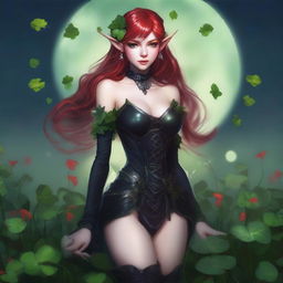 This digital art image presents a red-haired elf girl in a sensual manner