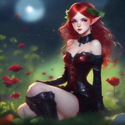 This digital art image presents a red-haired elf girl in a sensual manner