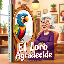 A book cover featuring an animated-style image of a colorful parrot looking at itself in a stylish mirror, alongside an elderly woman with a kind smile in a cozy house setting