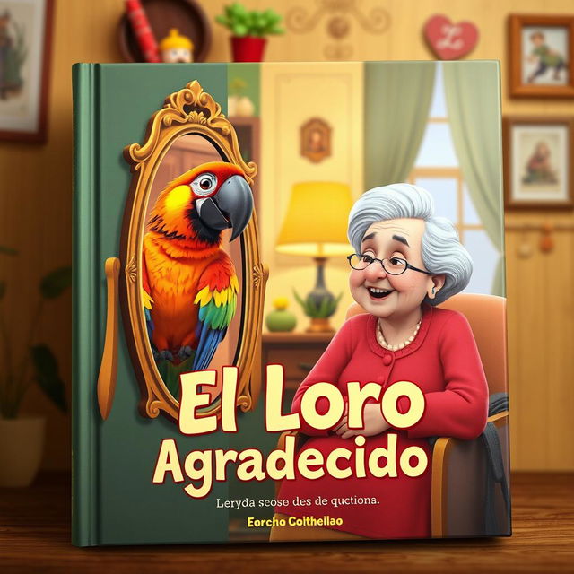 A book cover featuring an animated-style image of a colorful parrot looking at itself in a stylish mirror, alongside an elderly woman with a kind smile in a cozy house setting