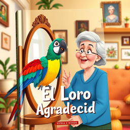 A book cover featuring an animated-style image of a colorful parrot looking at itself in a stylish mirror, alongside an elderly woman with a kind smile in a cozy house setting
