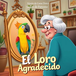 A book cover featuring an animated-style image of a colorful parrot looking at itself in a stylish mirror, alongside an elderly woman with a kind smile in a cozy house setting