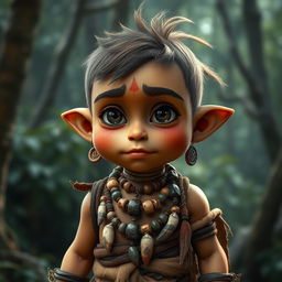 A short and sturdy humanoid character with earthy skin tones and deep brown eyes, showcasing a robust and resilient appearance