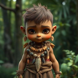 A short and sturdy humanoid character with earthy skin tones and deep brown eyes, showcasing a robust and resilient appearance